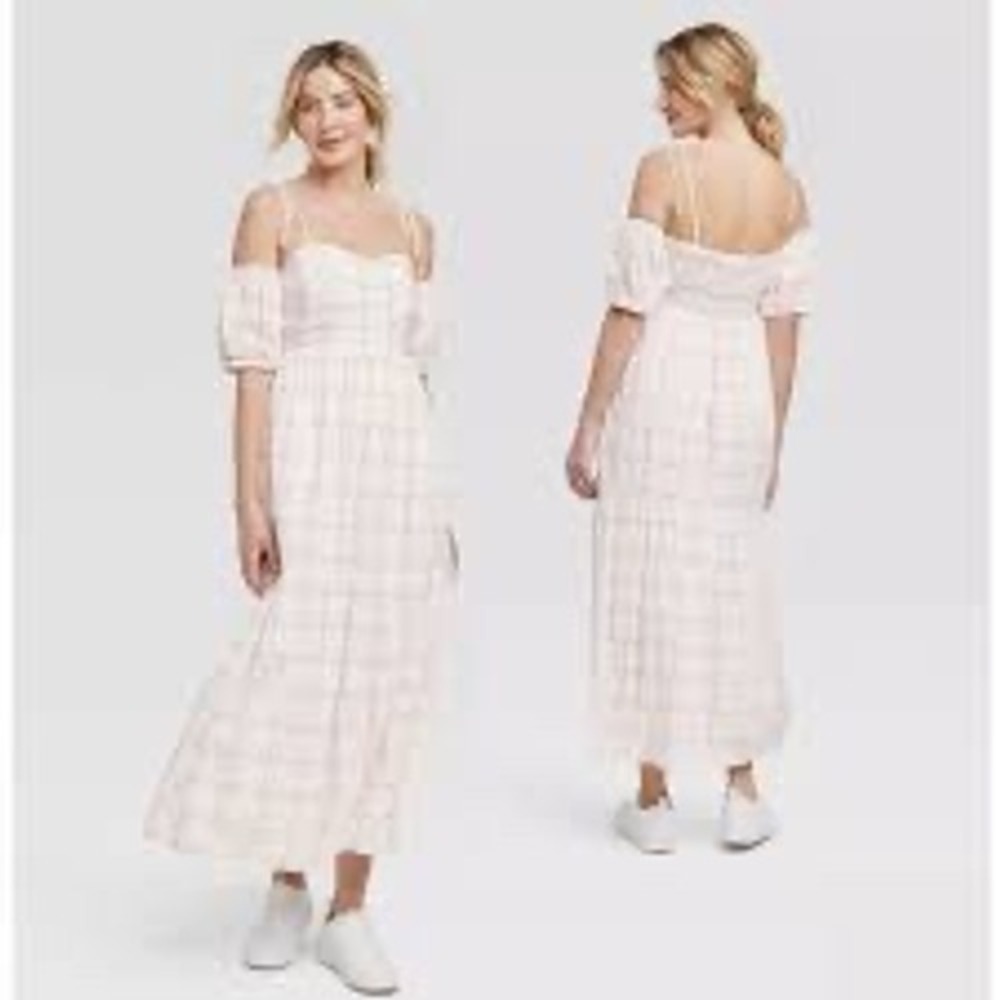 Universal Thread Maxi Dress White Pink Plaid Square‎ Neck Smocked Puff Sleeve